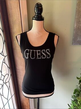 GUESS Black Tank Top with Silver Rhinestone Logo